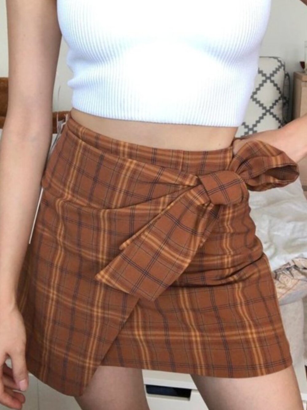 Wilfred Brown Plaid Dorine Wrap Mini Skirt